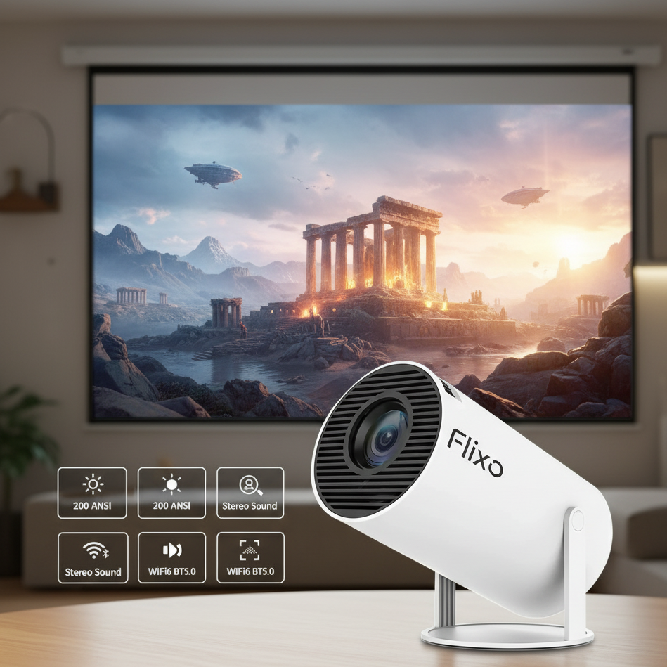 Flixo projector with a scenic display on a screen in a room.